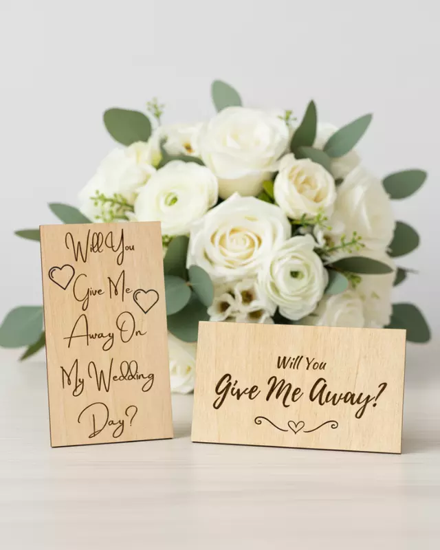 Heirloom Collection engraved Give Me Away wedding proposal card.