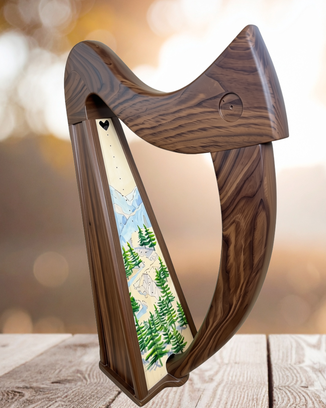 Celtic 22 — Walnut Mountain Scene Specialty Harp
