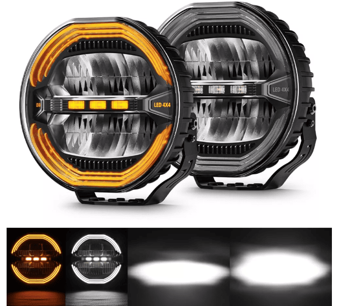 Tan 4x4 9" Anti Glare Round Driving Light, White and Amber DRL