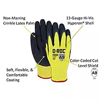 Magid® D-ROC® 13-Gauge Hi-Vis Non-Marring Crinkle Latex Coated Cut Resistant Work Glove - Cut Level A9
