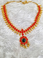 Panchalokam/Copper/Impon One Gram Gold Finish & Real Kempstones Shor Necklace/Attigai/Addige
