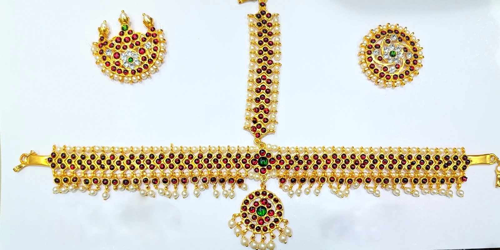 Brass Gold Plated Temple Headset with Kemp Stones | Suryan & Chandran