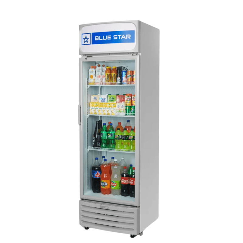 Glass door display refrigerator by Blue Star, 285L capacity.
