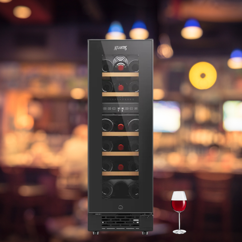 Freestanding Atlantis Wine Cooler with a capacity of 17 wine bottles, featuring a glass door.