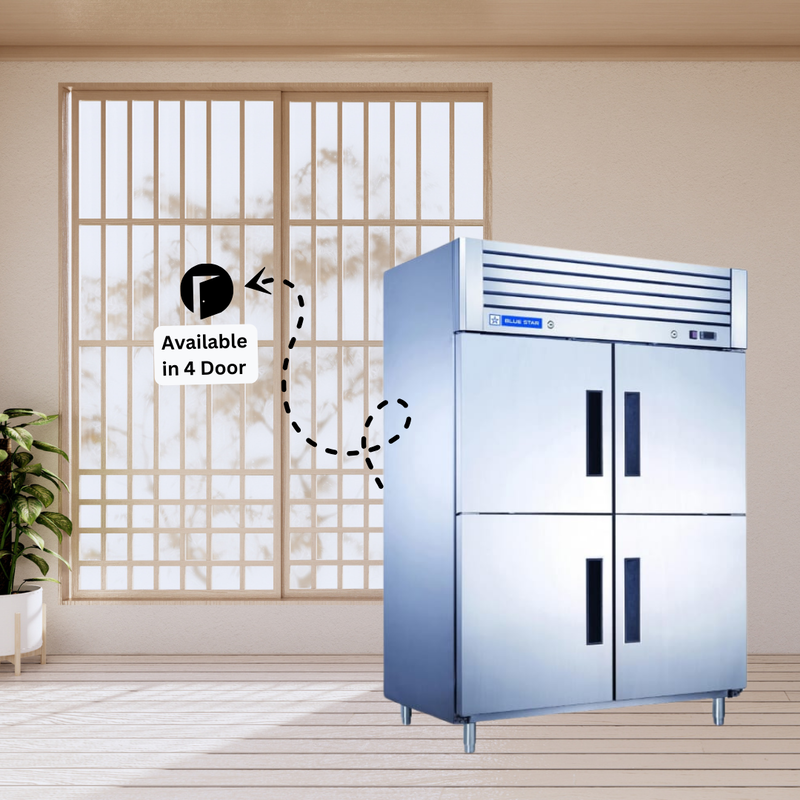 Stainless steel Blue Star 4 Door Reach-In Freezer with chefs accessing frozen ingredients.