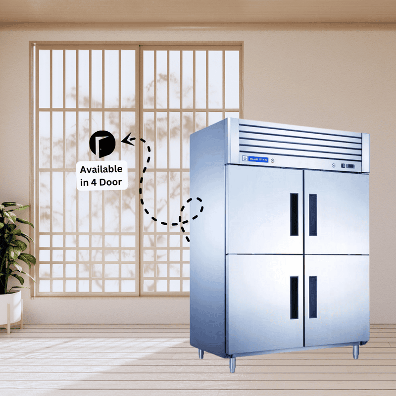 Stainless steel Blue Star 4 Door Reach-In Chiller with chefs accessing frozen ingredients.