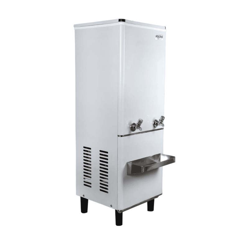 A durable stainless steel water cooler with two dispensing taps.