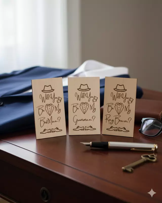 Heirloom Collection engraved Groom’s Proposal Cards for wedding party proposals.