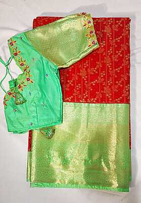 C030: Ready To Ship Semi Kanchipuram Silk Saree With Maggam Work Blouse