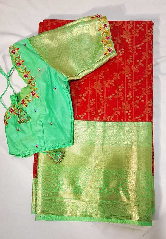 C030: Ready To Ship Semi Kanchipuram Silk Saree With Maggam Work Blouse