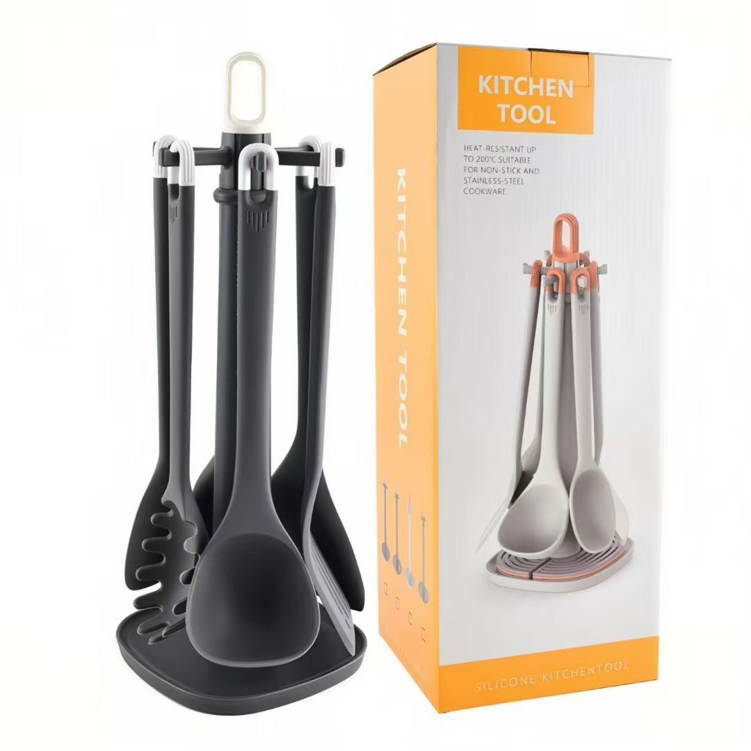 FULL SILICONE COOKING SPOON WITH HANGING STAND - 7PIECES
