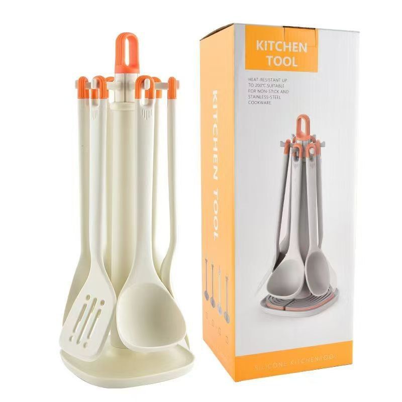 FULL SILICONE COOKING SPOON WITH HANGING STAND - 7PIECES