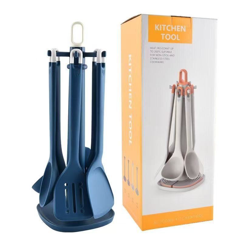 FULL SILICONE COOKING SPOON WITH HANGING STAND - 7PIECES