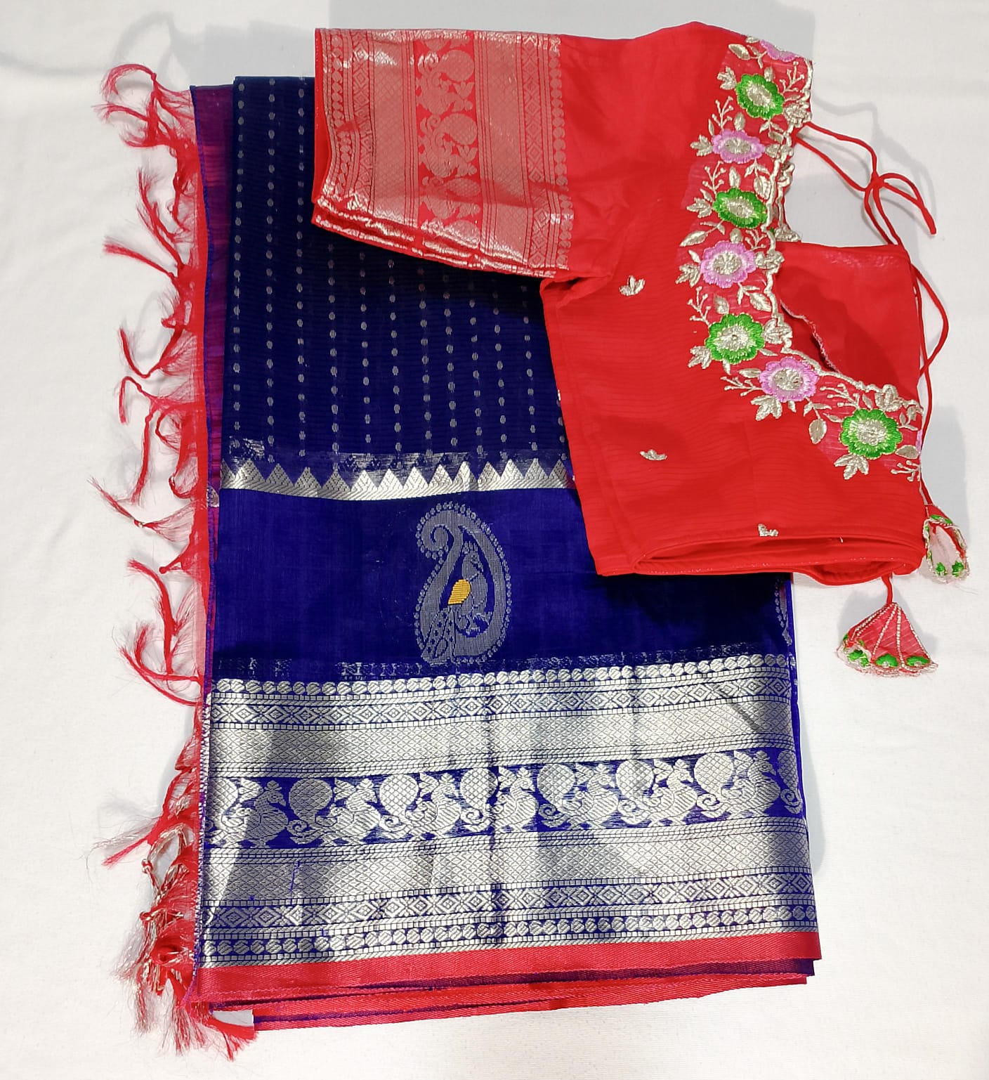 N645: Ready To Ship Beautiful Mangalagiri Saree With Stitched Embroidery Work Blouse