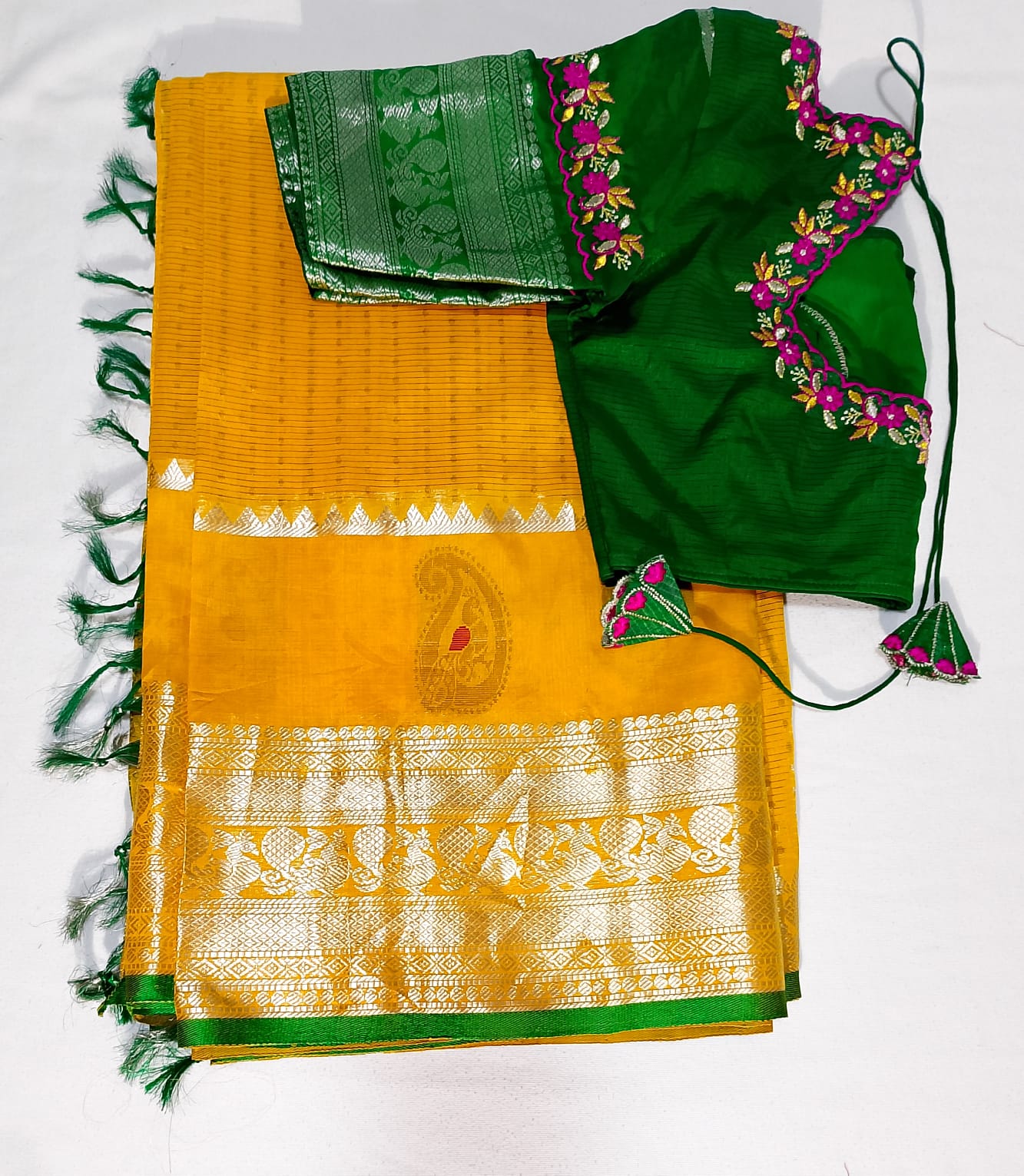 N646: Ready To Ship Beautiful Mangalagiri Saree With Stitched Embroidery Work Blouse