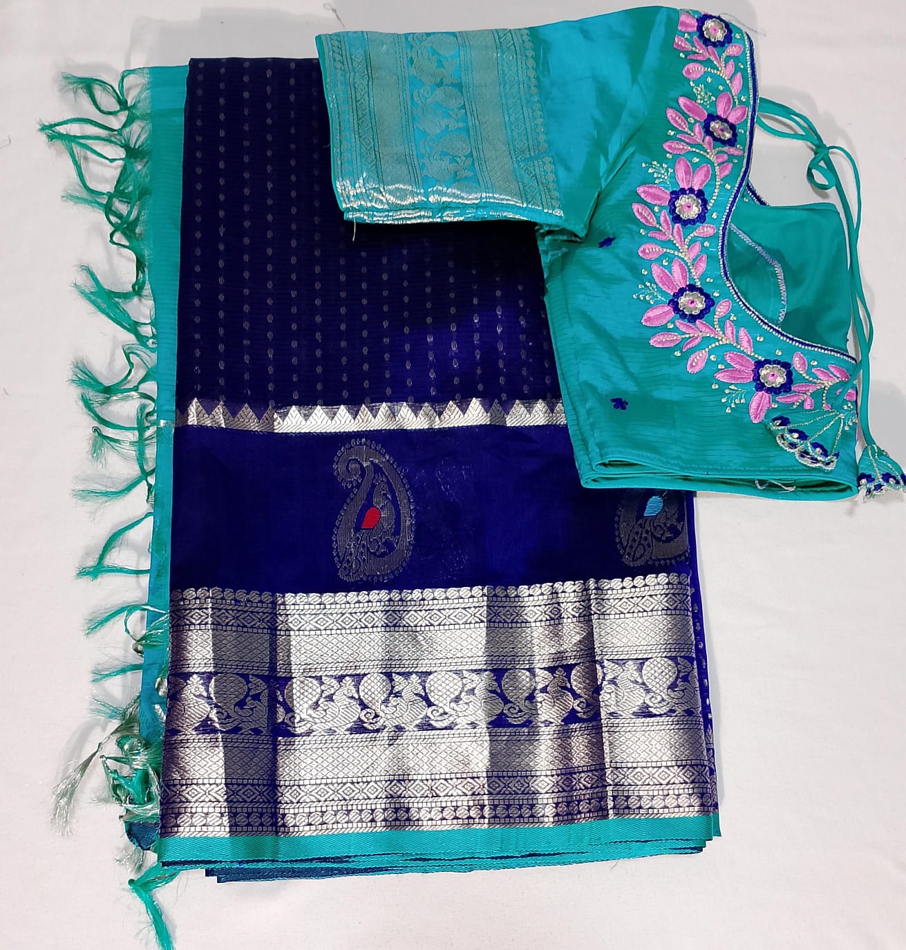 N647: Ready To Ship Beautiful Mangalagiri Saree With Stitched Embroidery Work Blouse