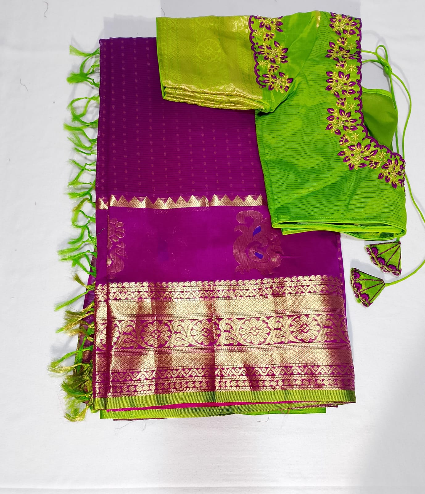 N649: Ready To Ship Beautiful Mangalagiri Saree With Stitched Embroidery Work Blouse