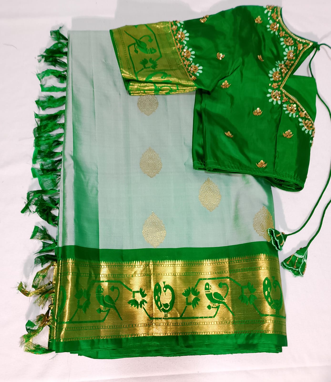 N655: Ready To Ship Beautiful Pure Kanchipattu Saree With Stitched Maggam Work Blouse
