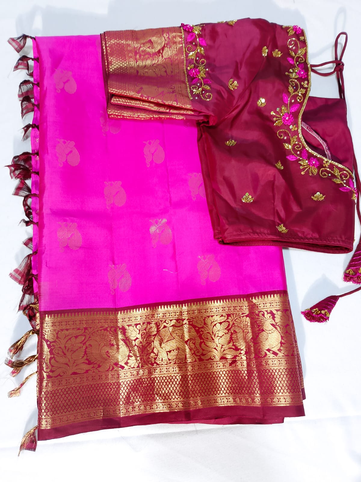 N654: Ready To Ship Beautiful Pure Kanchipattu Saree With Stitched Maggam Work Blouse
