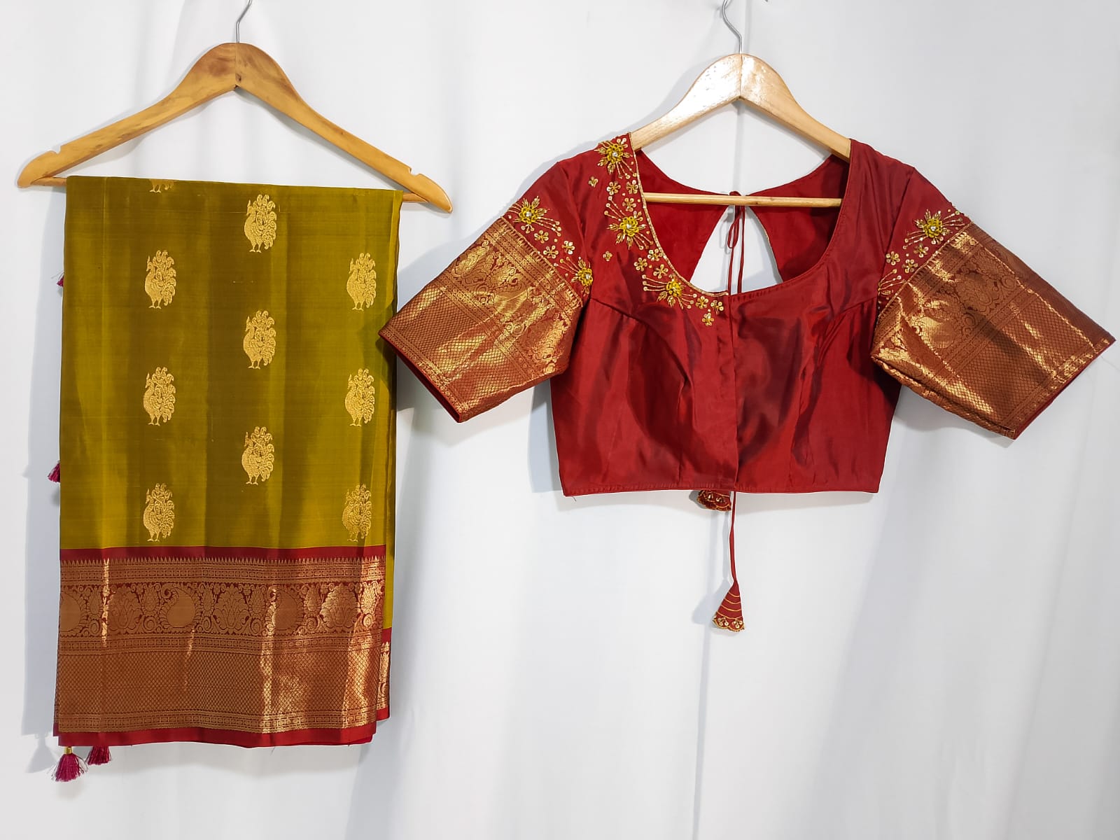 N678: Ready To Ship Beautiful Pure Kanchipattu Saree With Stitched Maggam Work Blouse