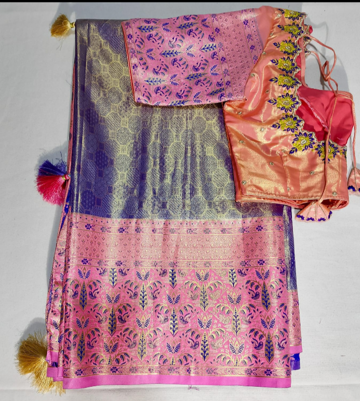 N715:Ready To Ship Beautiful Semi Kanchipattu Saree With Stitched Embroidery Work Blouse