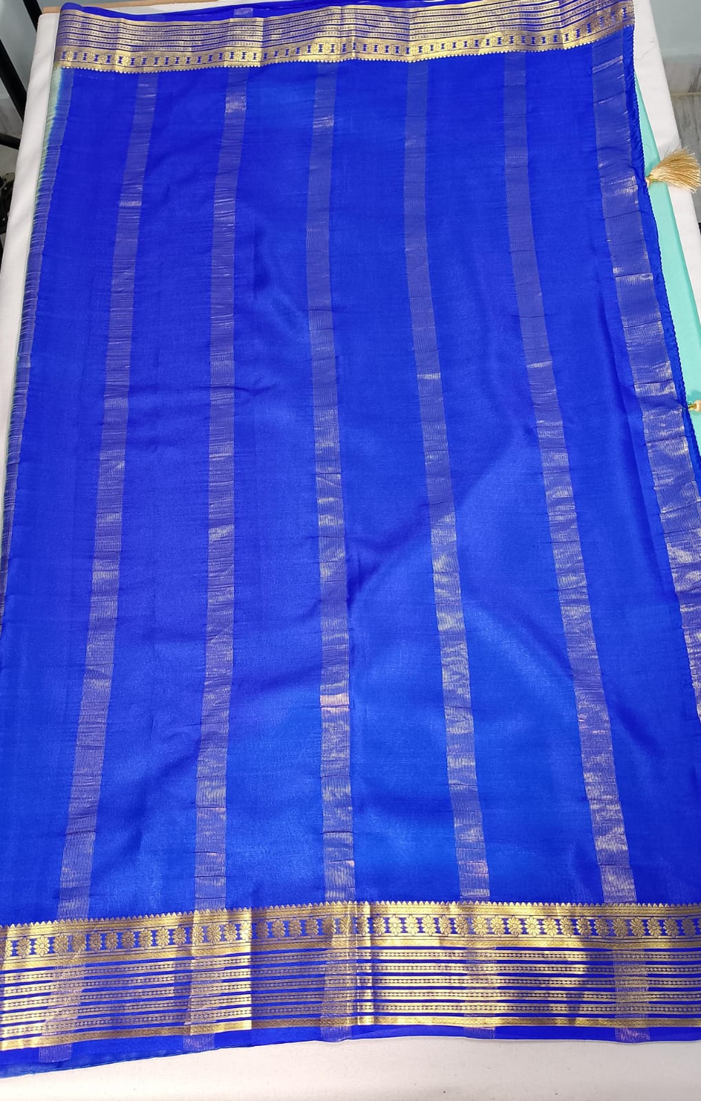 N857:Ready To Ship Beautiful Pure Mysore Silk Saree With Stitched Maggam Work Blouse