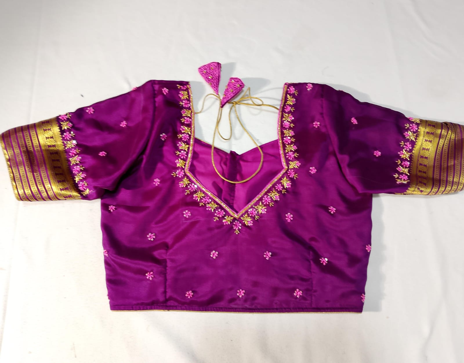 N856:Ready To Ship Beautiful Pure Mysore Silk Saree With Stitched Maggam Work Blouse