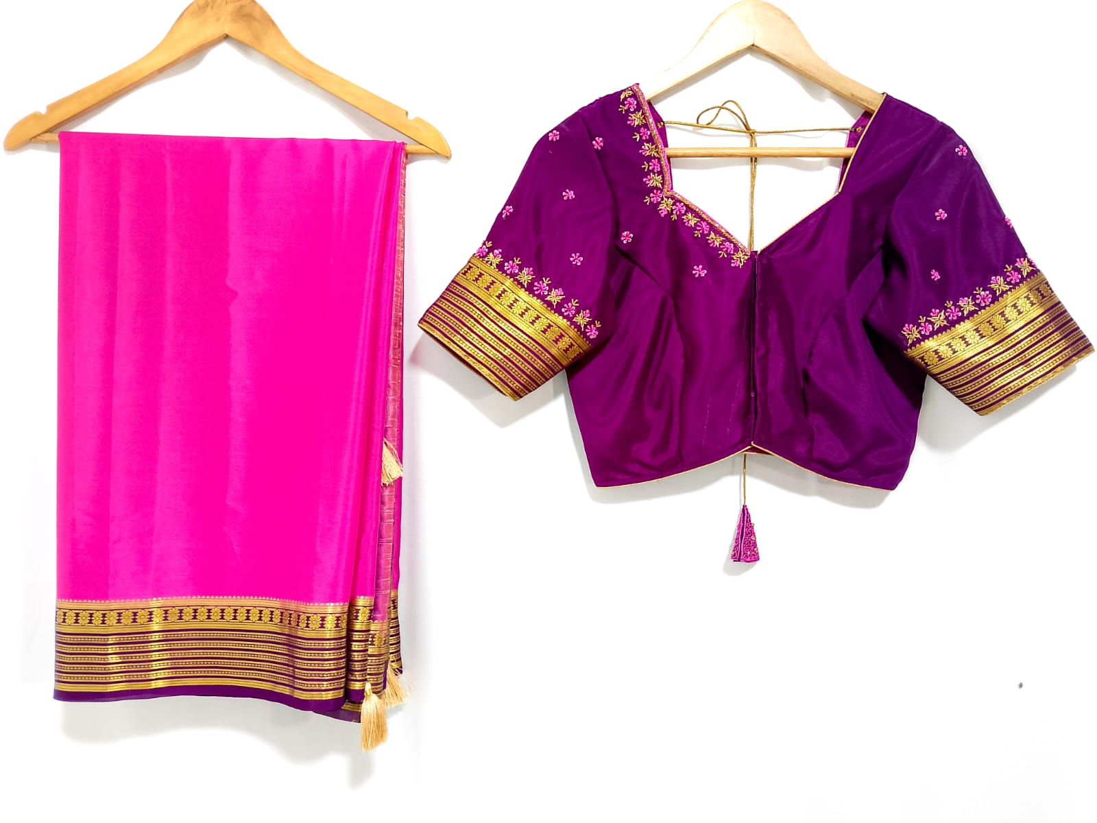 N856:Ready To Ship Beautiful Pure Mysore Silk Saree With Stitched Maggam Work Blouse