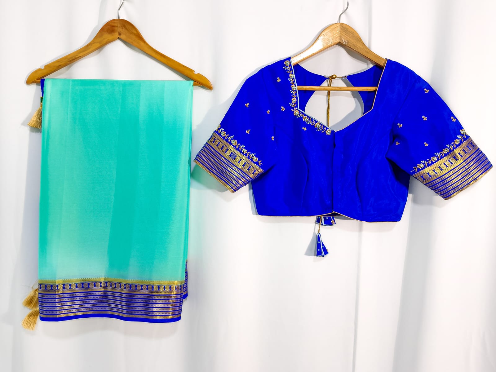 N857:Ready To Ship Beautiful Pure Mysore Silk Saree With Stitched Maggam Work Blouse