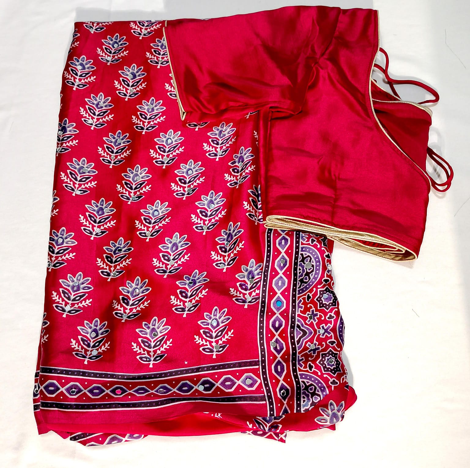 N924: Ready To Ship Beautiful Soft Satin Silk Ajark Saree With Stitched Blouse N924: Ready To Ship Beautiful Soft Satin Silk Ajark Saree With Stitched Blouse