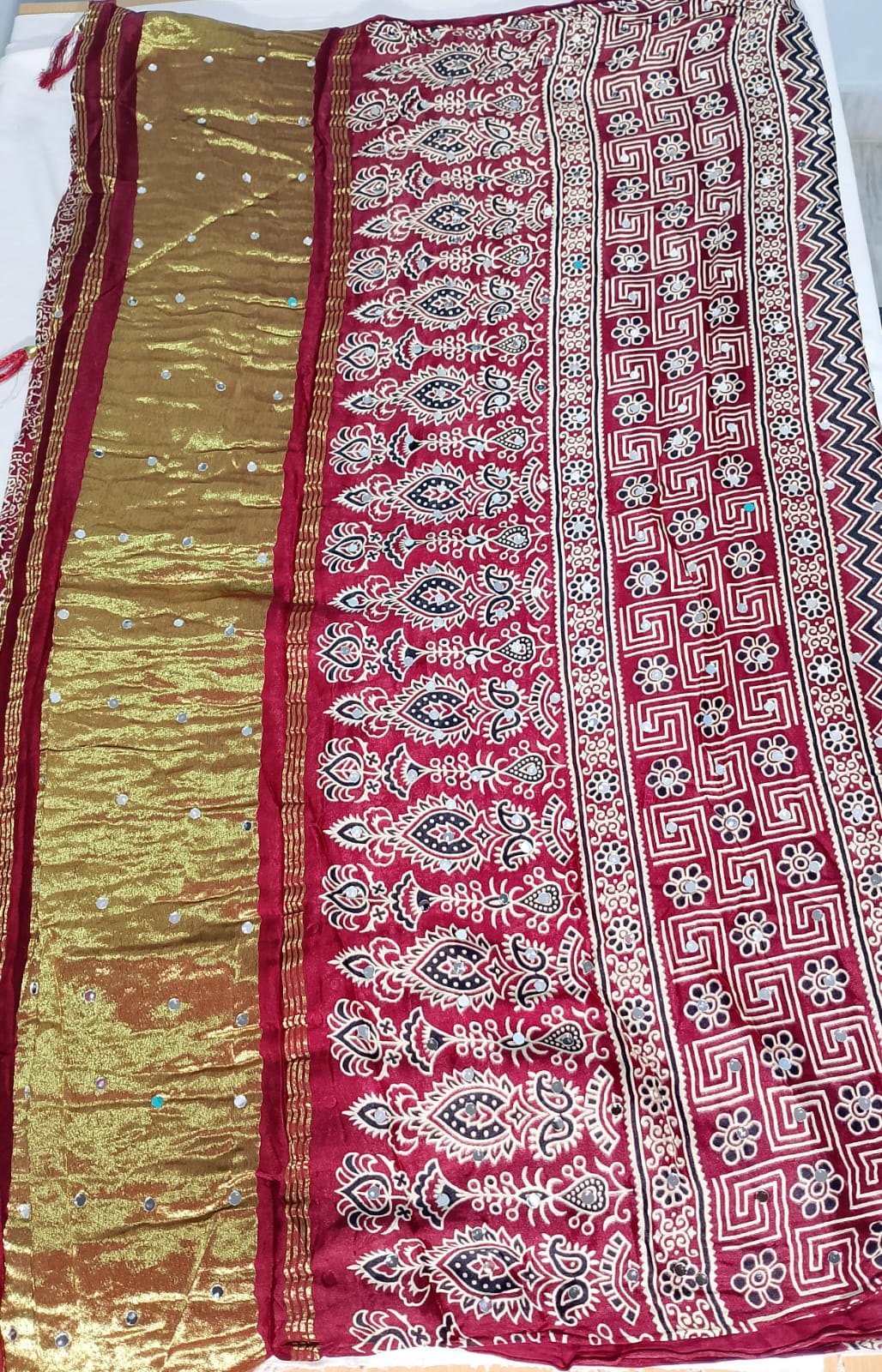 N1014: Ready To Ship Beautiful Pure Handloom Modal Silk Ajark Saree With Stitched Blouse N1014: Ready To Ship Beautiful Pure Handloom Modal Silk Ajark Saree With Stitched Blouse
