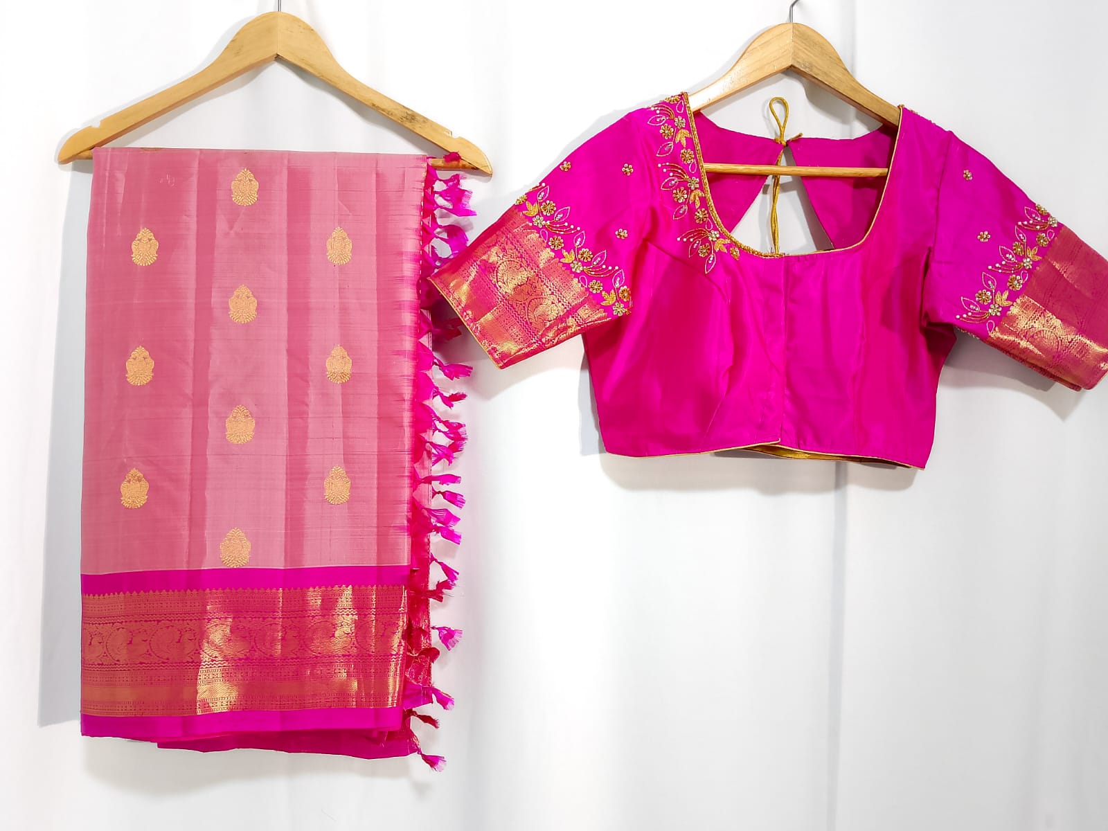 N1084: Ready To Ship Beautiful Pure Kanchipattu Saree With Stitched Maggam Work Blouse