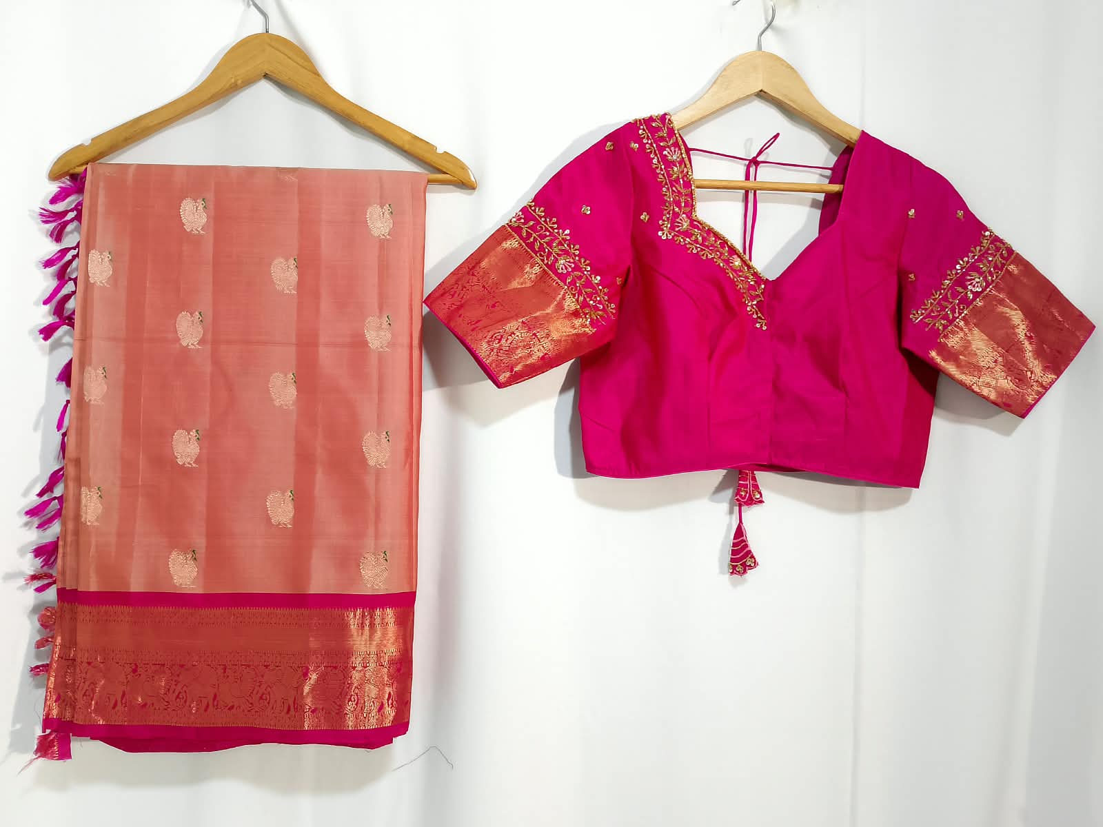 N1278: Ready To Ship Beautiful Pure Kanchipattu Saree With Stitched Maggam Work Blouse