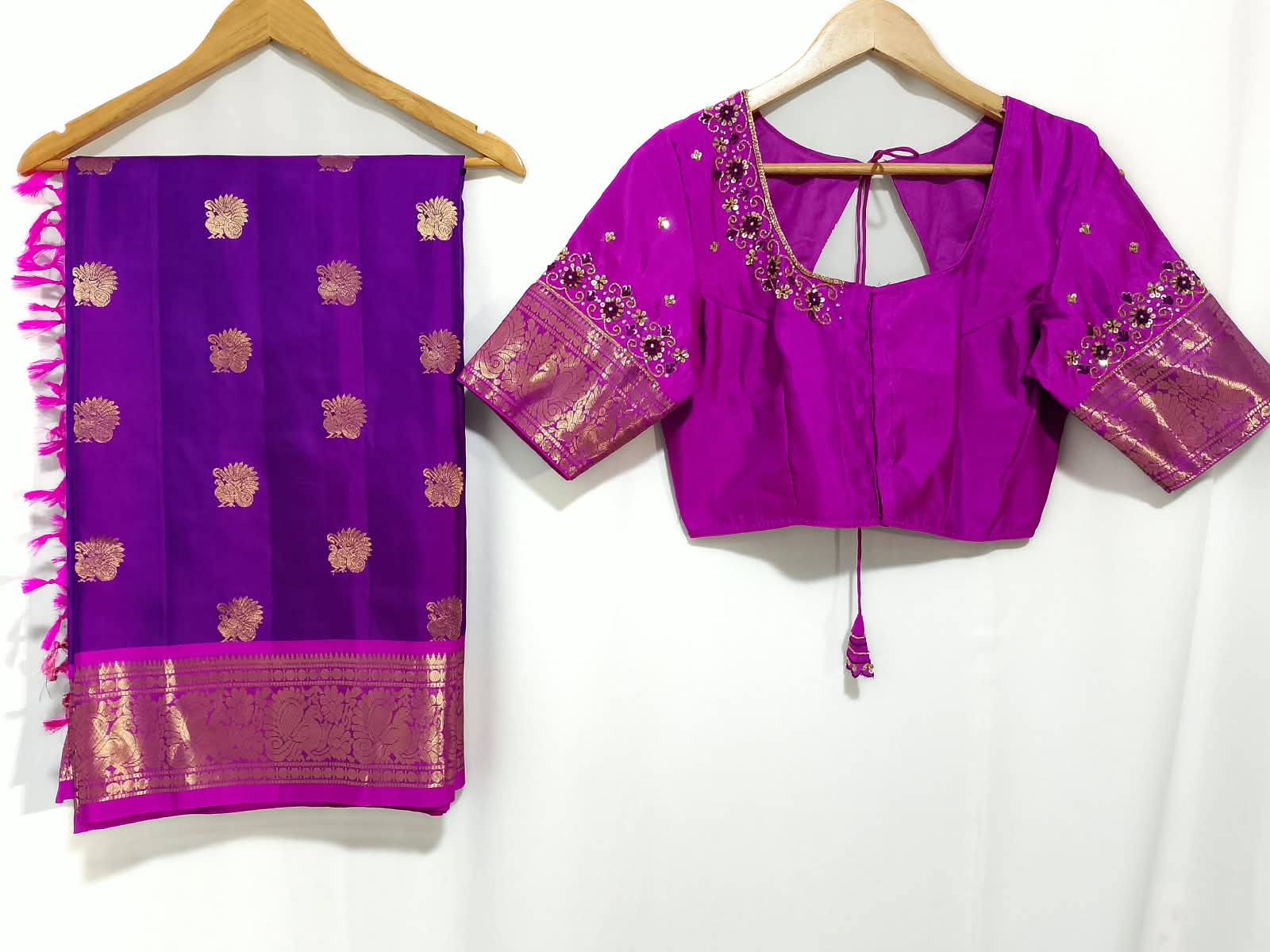 N1279: Ready To Ship Beautiful Pure Kanchipattu Saree With Stitched Maggam Work Blouse