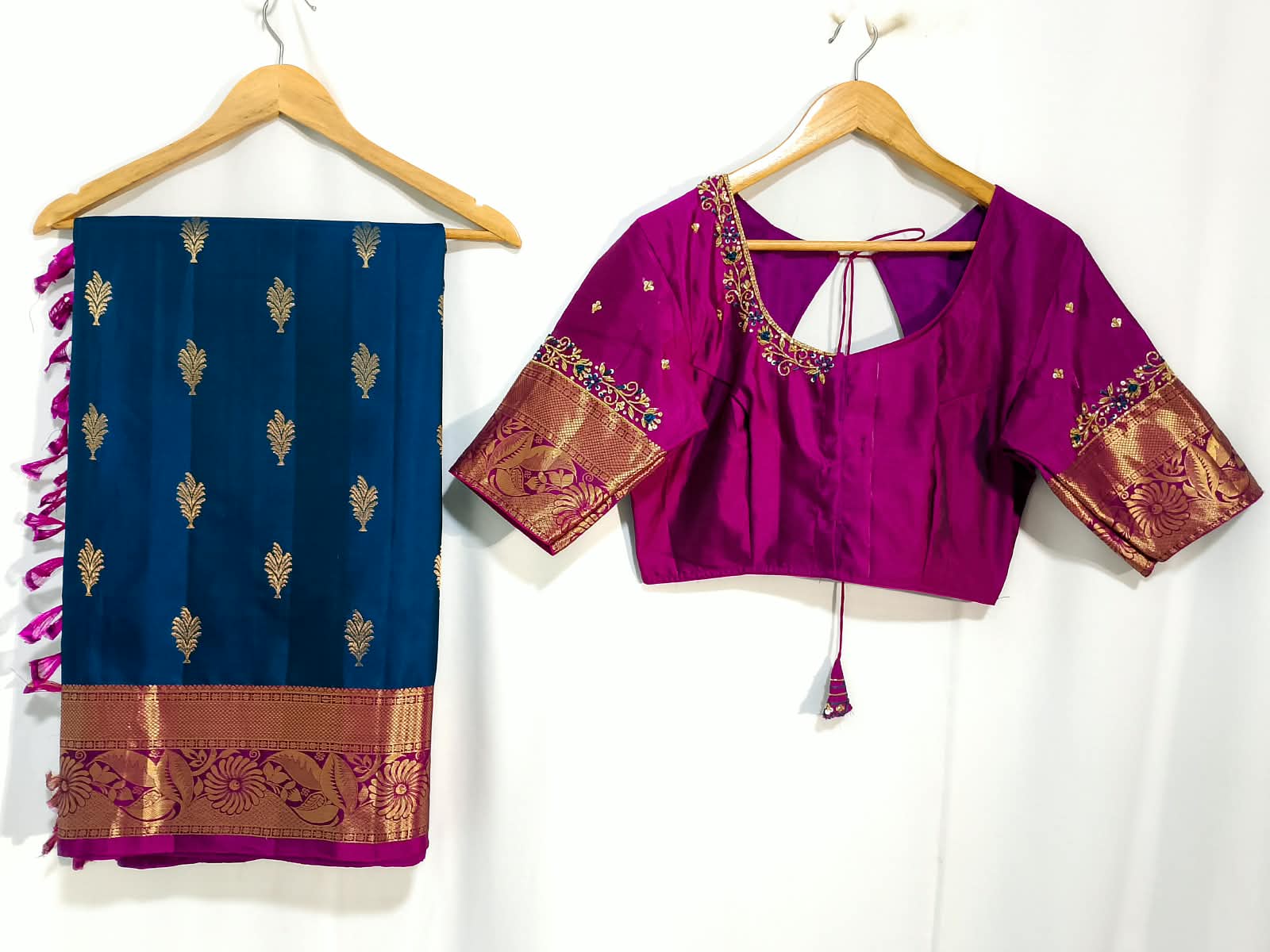 N1294: Ready To Ship Beautiful Pure Kanchipattu Saree With Stitched Maggam Work Blouse