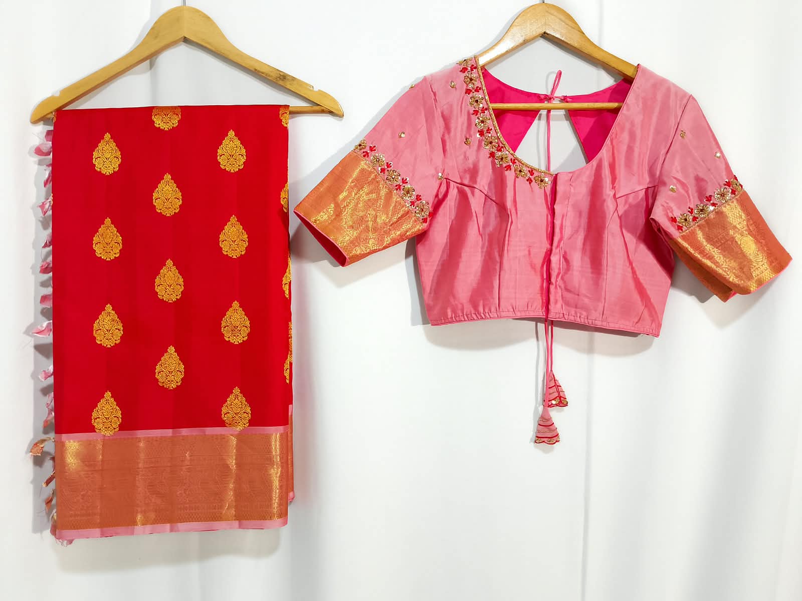 N1296: Ready To Ship Beautiful Pure Kanchipattu Saree With Stitched Maggam Work Blouse