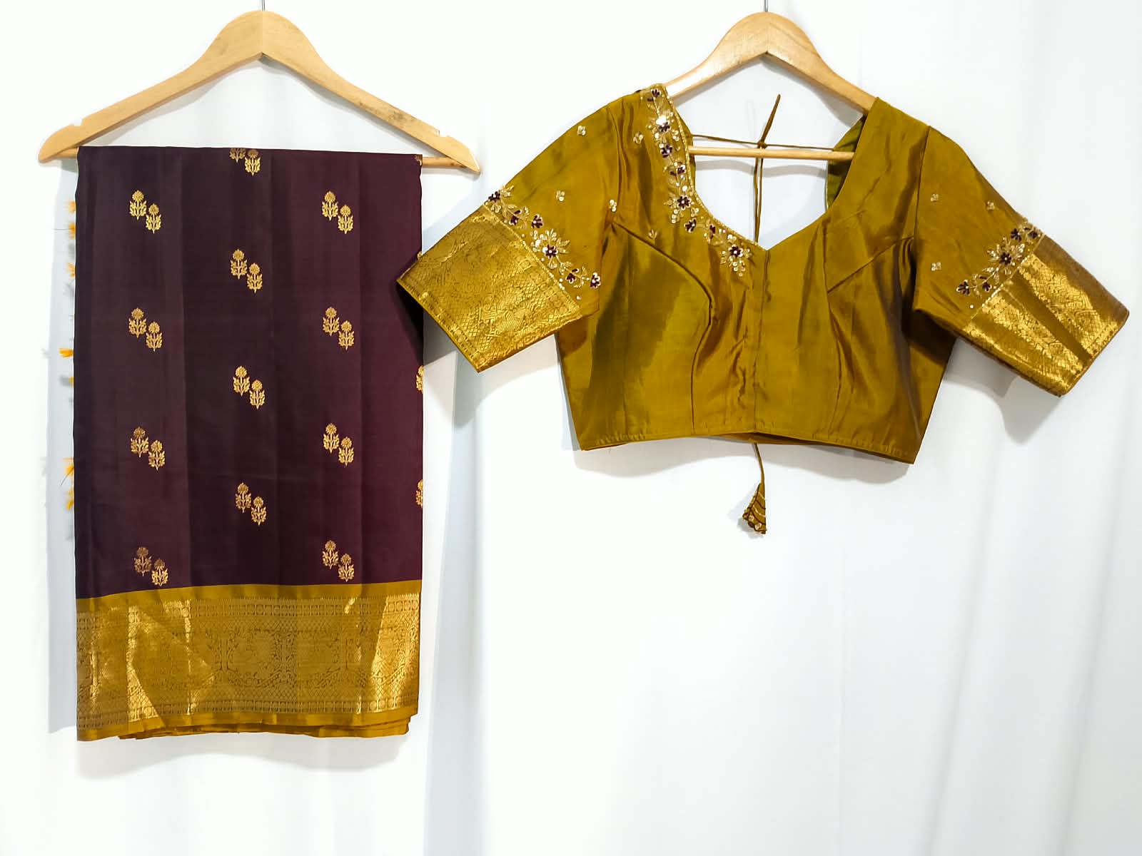N1297: Ready To Ship Beautiful Pure Kanchipattu Saree With Stitched Maggam Work Blouse