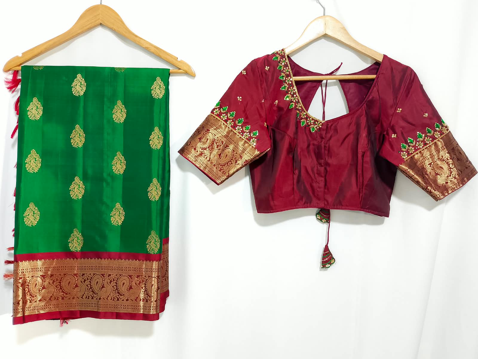 N1300: Ready To Ship Beautiful Pure Kanchipattu Saree With Stitched Maggam Work Blouse