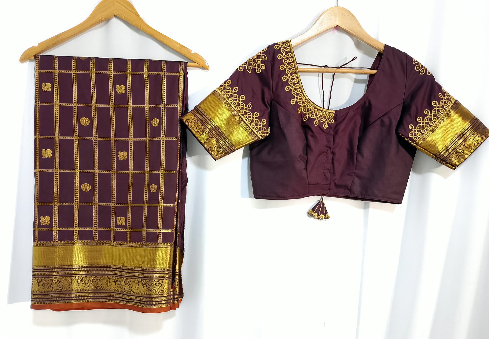 N1570 :  Ready To Ship Beautiful Semi Kanchipattu Saree With Stitched Embroidery Work Blouse