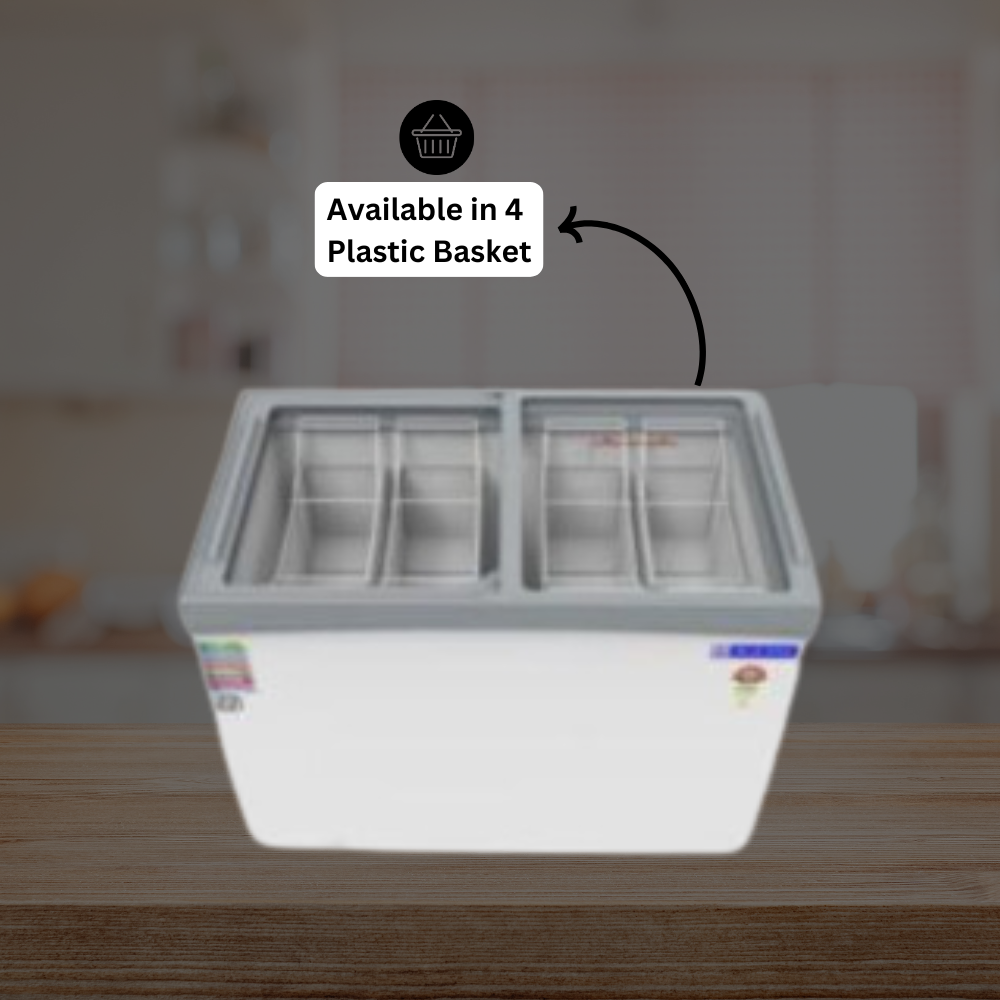 Blue Star 410 Litre Deep Freezer with Glass Top Open, Displaying Frozen Food