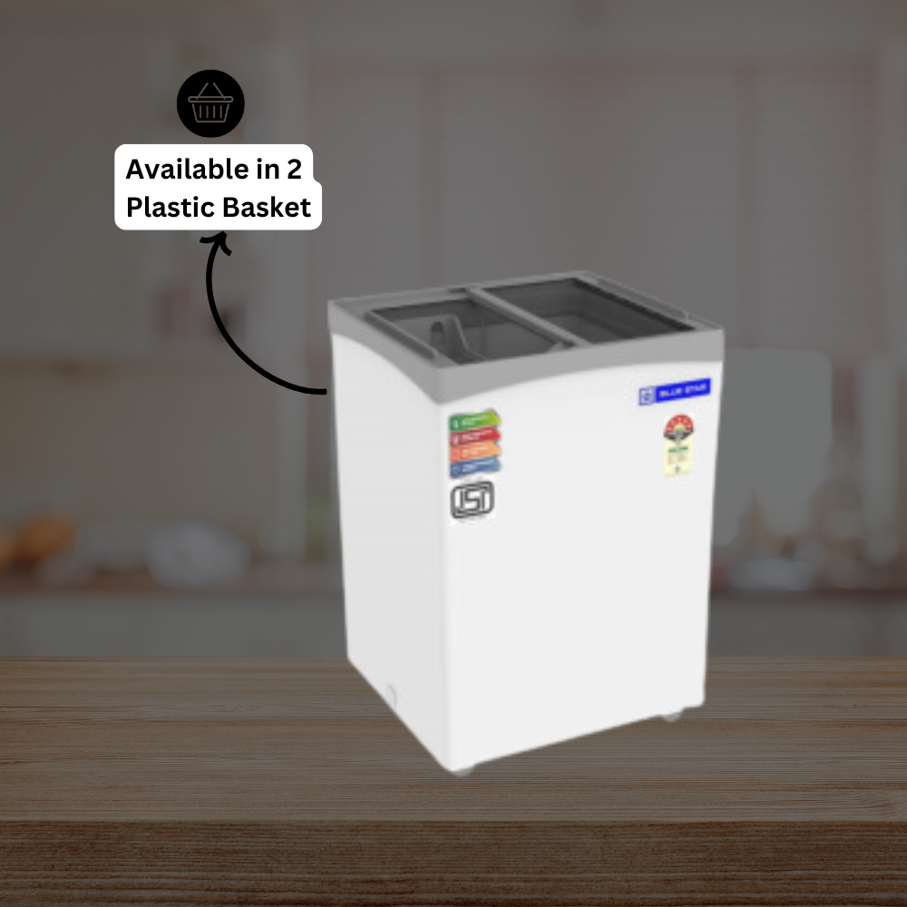 Blue Star 130 Litre Deep Freezer with Glass Top Open, Displaying Frozen Food