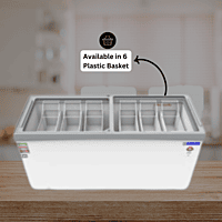 Blue Star 590 Litre Deep Freezer with Glass Top Open, Displaying Frozen Food Blue Star 590 Litre Deep Freezer with Glass Top Open, Displaying Frozen Food