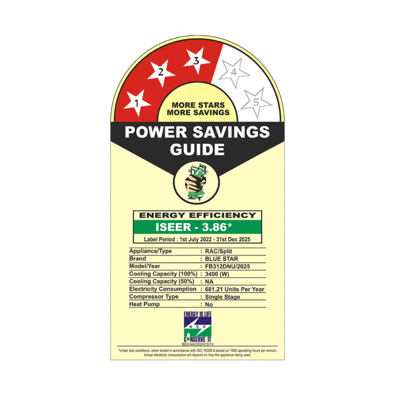 Energy-efficient cooling with the Blue Star Fixed Speed Split AC - 1 Ton 3 Star.