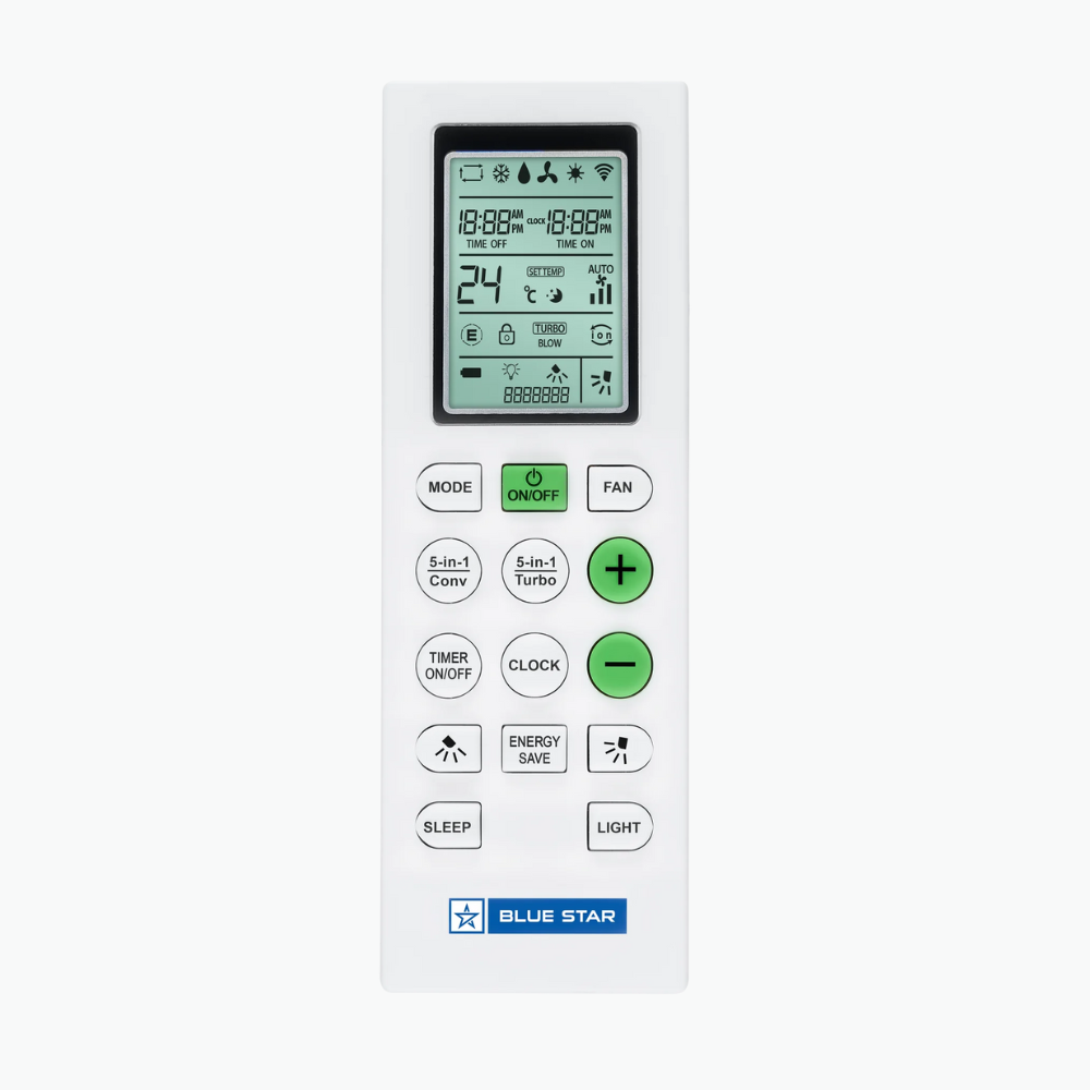 Blue Star IC318ONU with its remote control, highlighting its user-friendly operation.