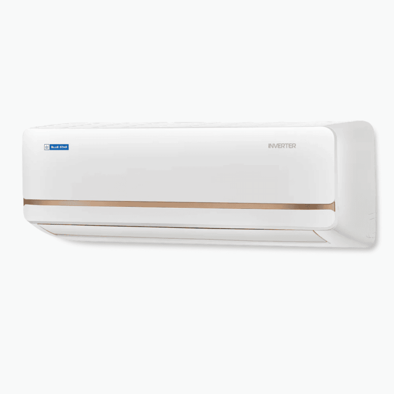 Close-up of the Blue Star Inverter Split AC indoor unit, showcasing its modern design and display.