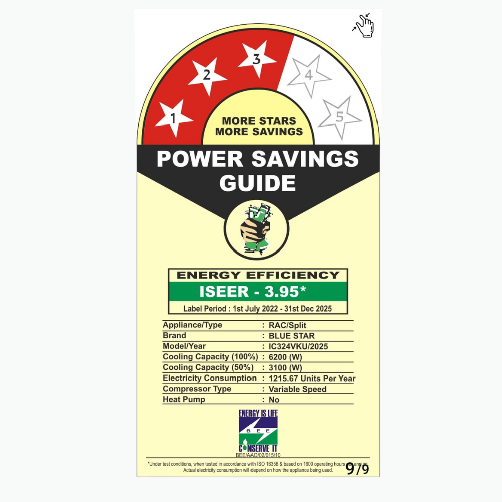 Energy Efficient Cooling with Blue Star V Smart Wi-Fi Series IC324VKU Inverter Split AC-2 Ton 3 Star