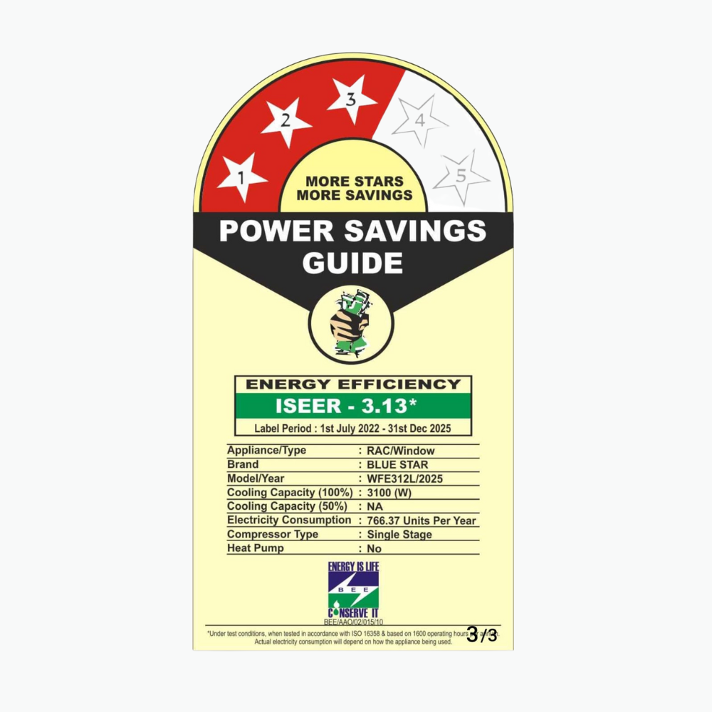 Energy Efficient with Blue Star Fixed Speed Window AC-WFE312L 1 Ton 3 Star Energy Efficient with Blue Star Fixed Speed Window AC-WFE312L 1 Ton 3 Star