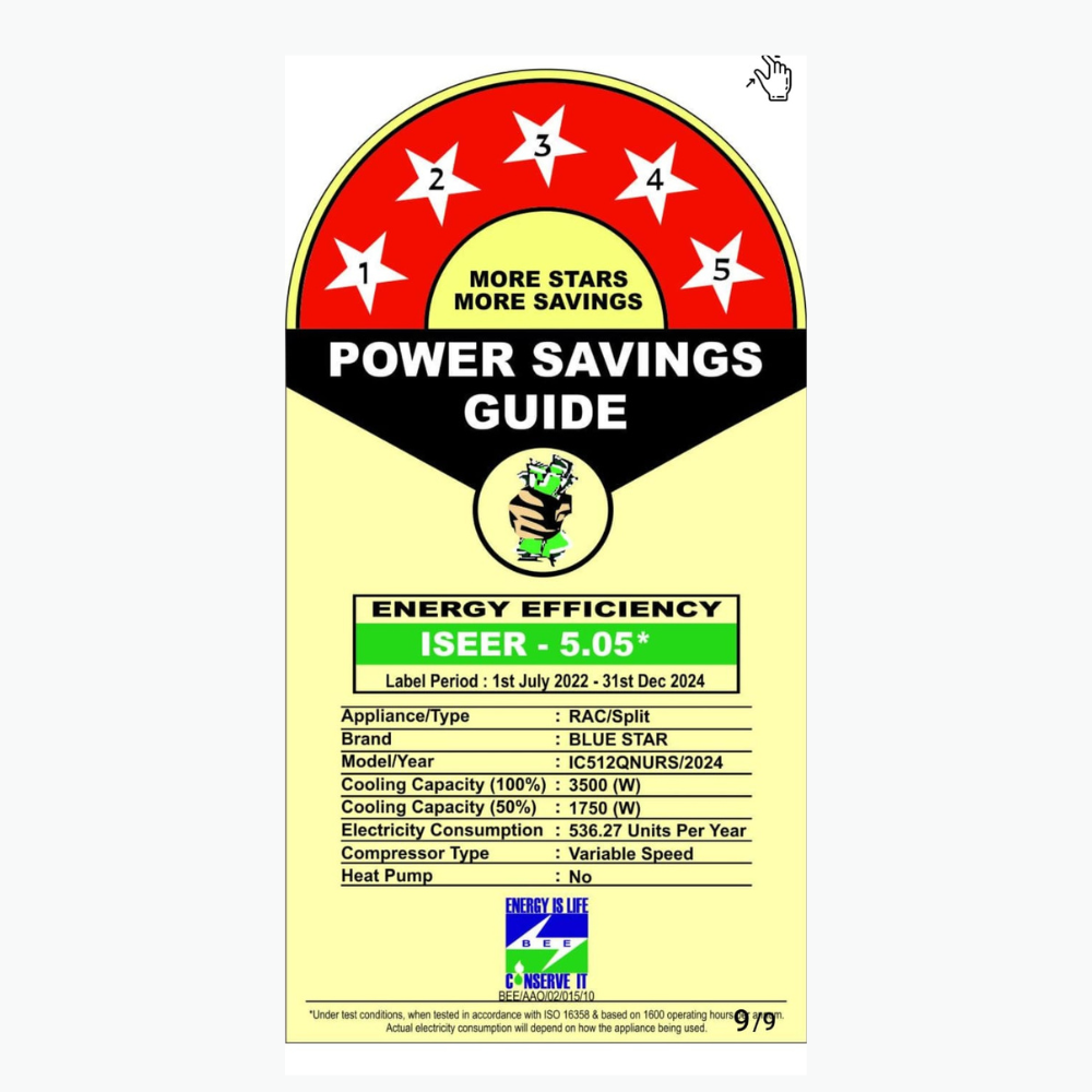 High energy efficiency from the Blue Star IC512QNURS inverter AC.