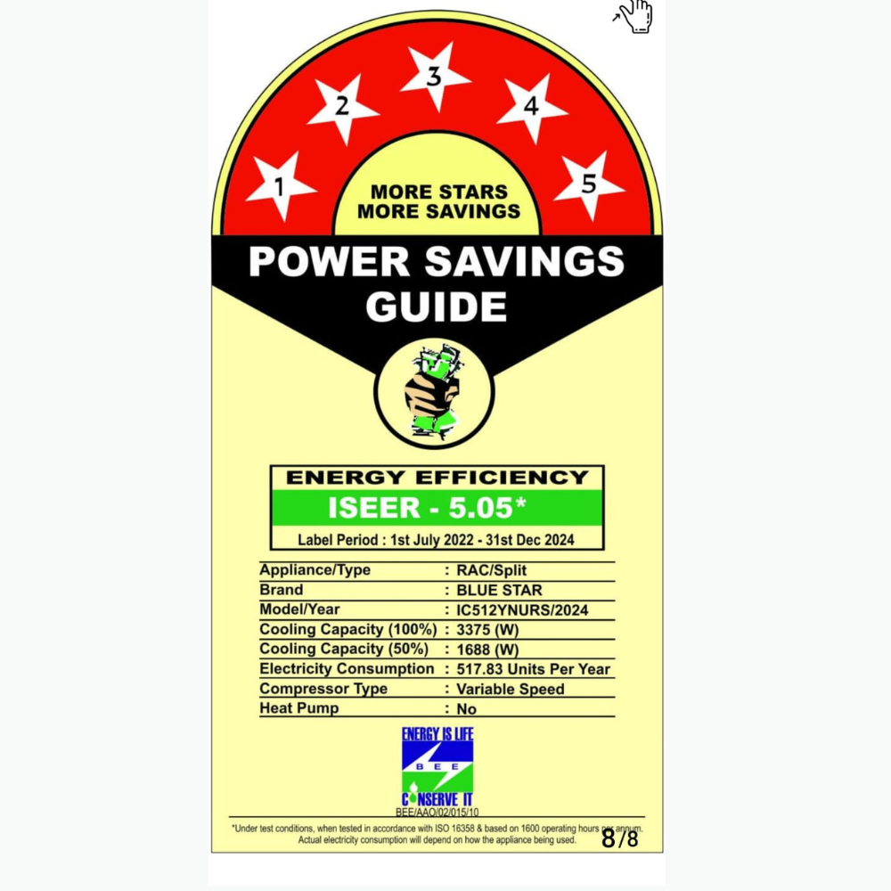 Energy-efficient cooling from the Blue Star IC512YNURS Inverter Split AC-1 Ton 5 Star