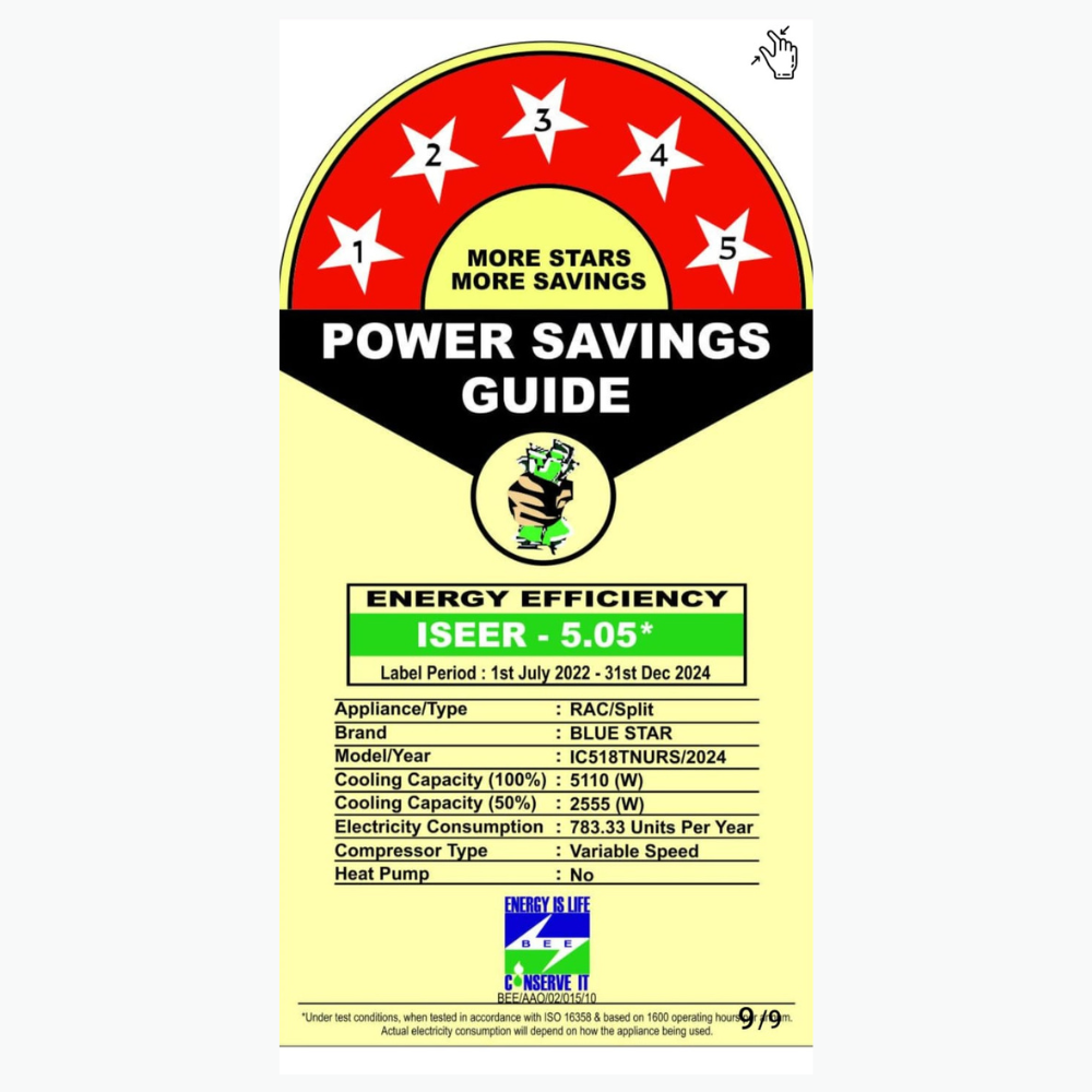 Blue Star IC518NNURS AC with inverter technology and 5-star energy rating.